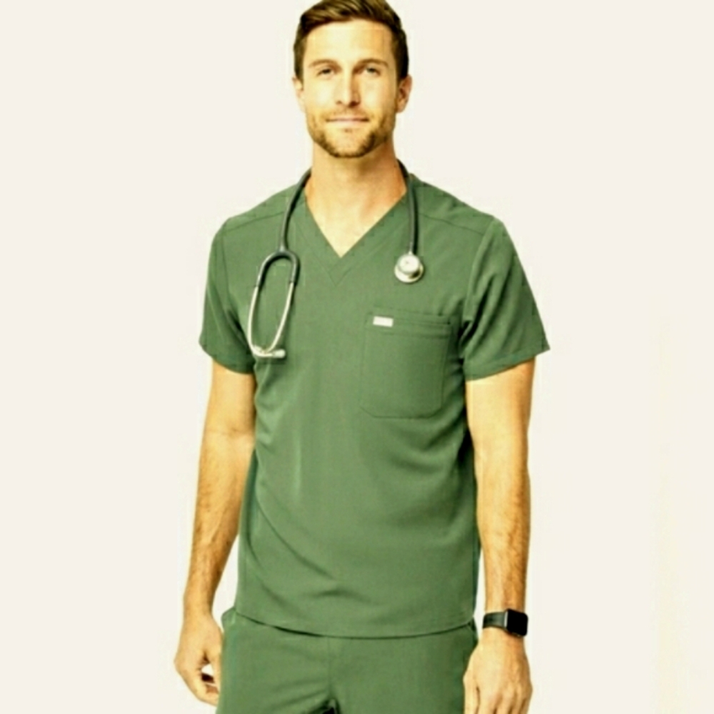 FIGS Leon Three Pocket Scrub Top sz M * Moss Green FM1500 Mens Scrubs Shirt